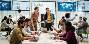 Diverse university students collaborating in a tech-rich classroom, representing global education standards.