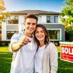 Happy couple with house keys in front of their new home, celebrating homeownership.