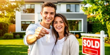 Happy couple with house keys in front of their new home, celebrating homeownership.