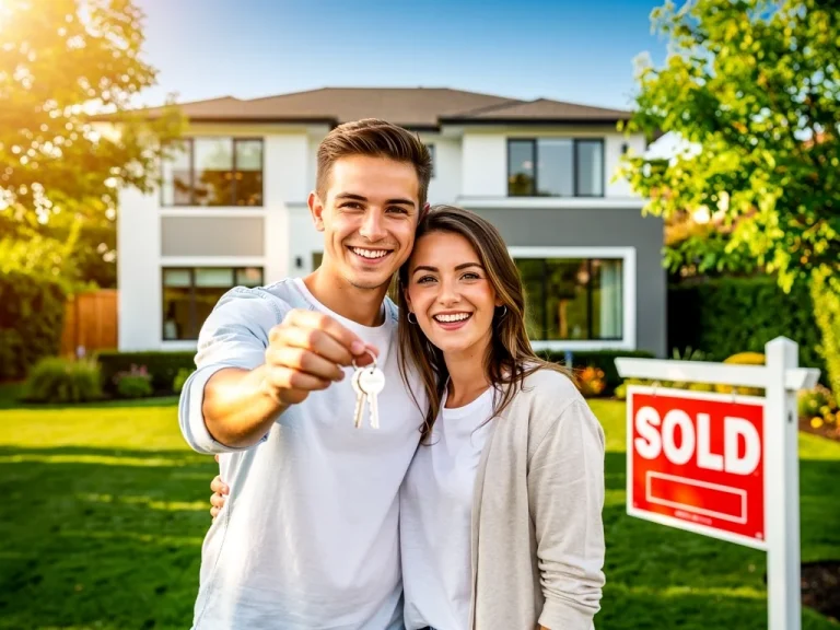 Happy couple with house keys in front of their new home, celebrating homeownership.