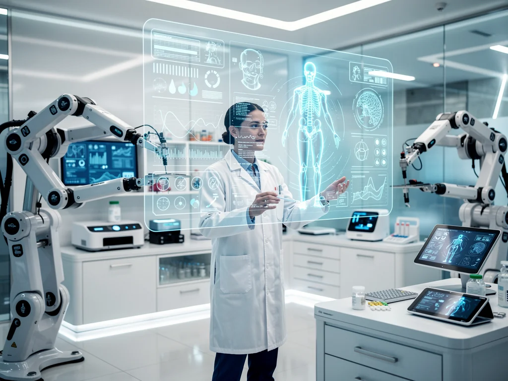 Advanced healthcare technology, including AI diagnostics and medical robotics, showcasing sector innovation.