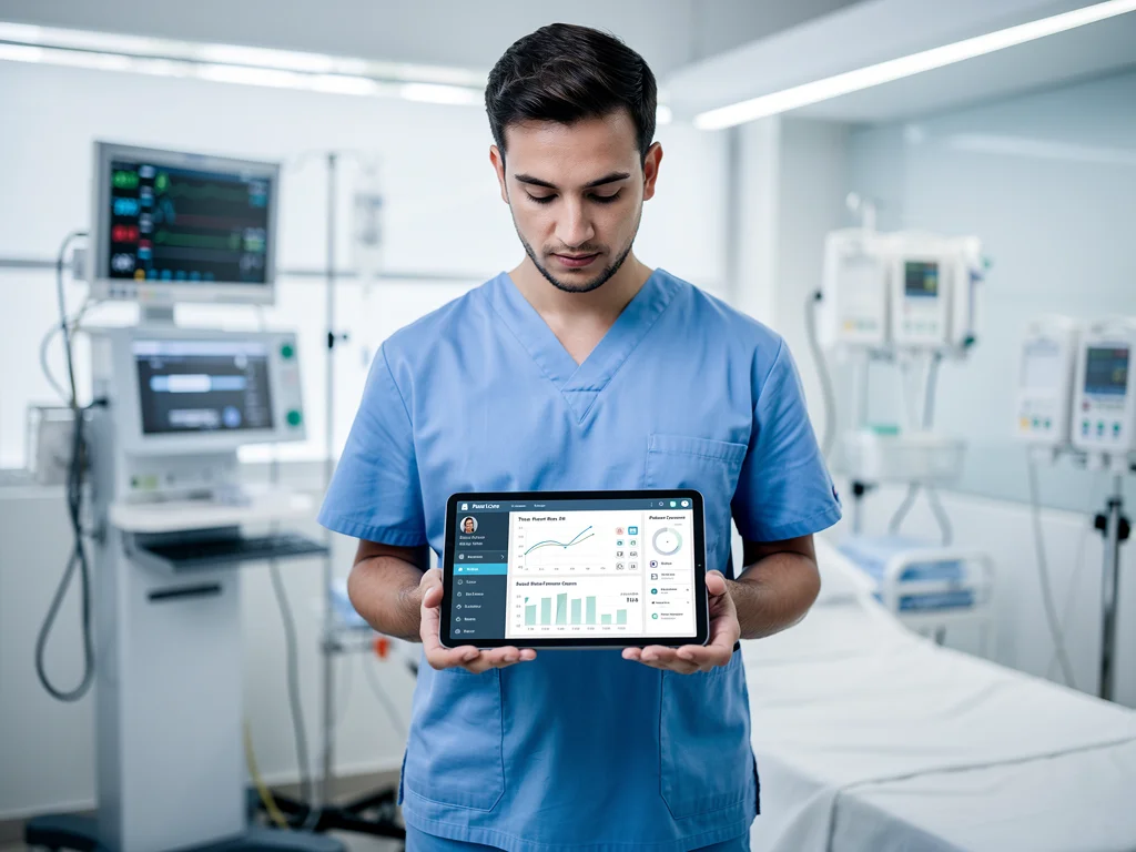 Healthcare worker utilising technology for patient care, highlighting digital skills in medical support.