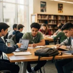 High school students collaborating on college preparation in a modern library, demonstrating academic focus and teamwork for future success.