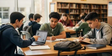 High school students collaborating on college preparation in a modern library, demonstrating academic focus and teamwork for future success.