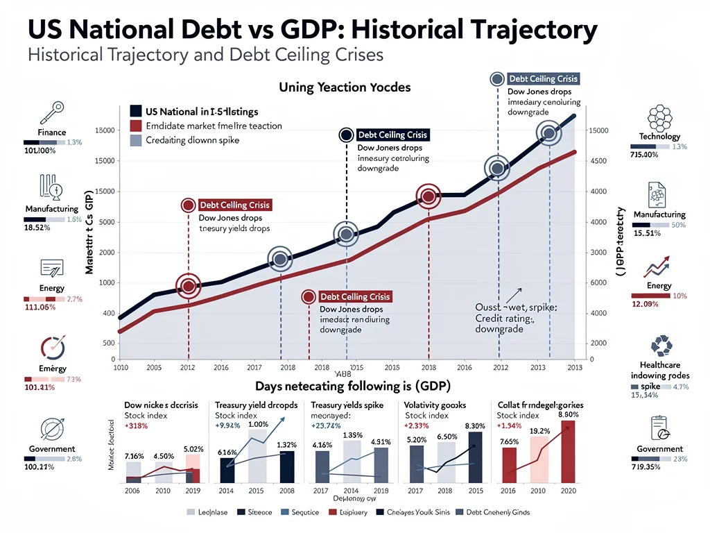 Infographic detailing historical US national debt trends and economic responses to past debt ceiling debates.