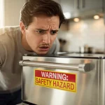 Homeowner checking appliance for recall information, emphasising consumer safety