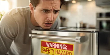Homeowner checking appliance for recall information, emphasising consumer safety