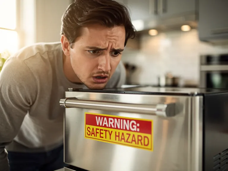 Homeowner checking appliance for recall information, emphasising consumer safety