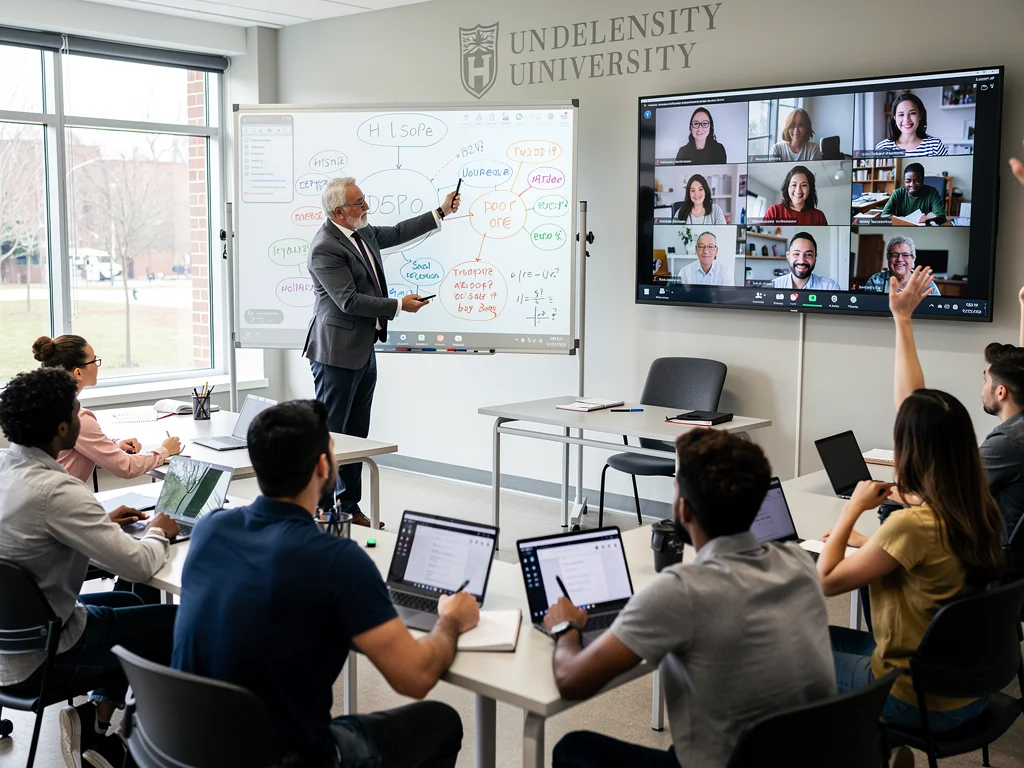 Professor leading a hybrid university class with in-person and remote students.