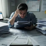 Stressed individual reviewing medical records for a disability claim.