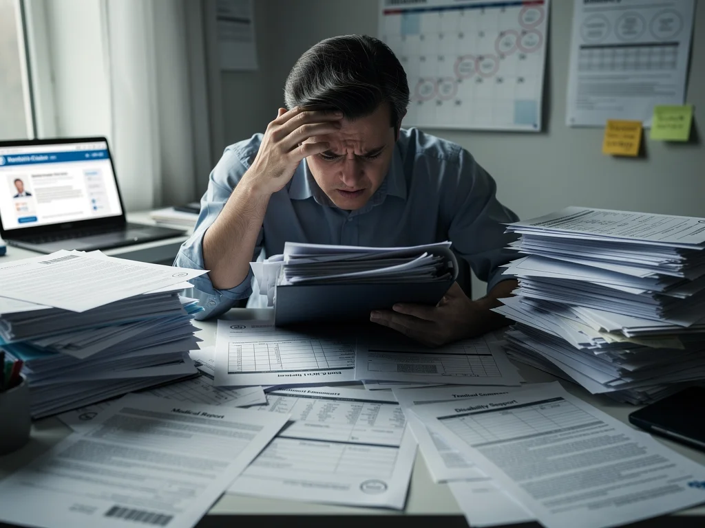 Stressed individual reviewing medical records for a disability claim.