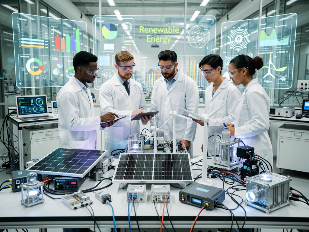 Scientists and engineers collaborating in a green technology research lab
