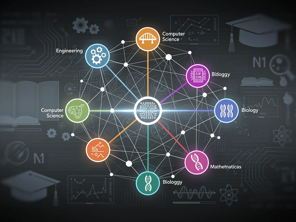 Interconnected STEM disciplines visualised digitally, representing the new interdisciplinary curriculum.