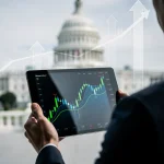 Investor analysing financial data with US Capitol in background, representing budget impact.