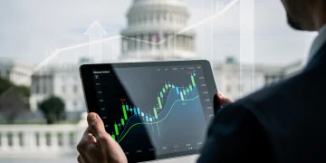 Investor analysing financial data with US Capitol in background, representing budget impact.