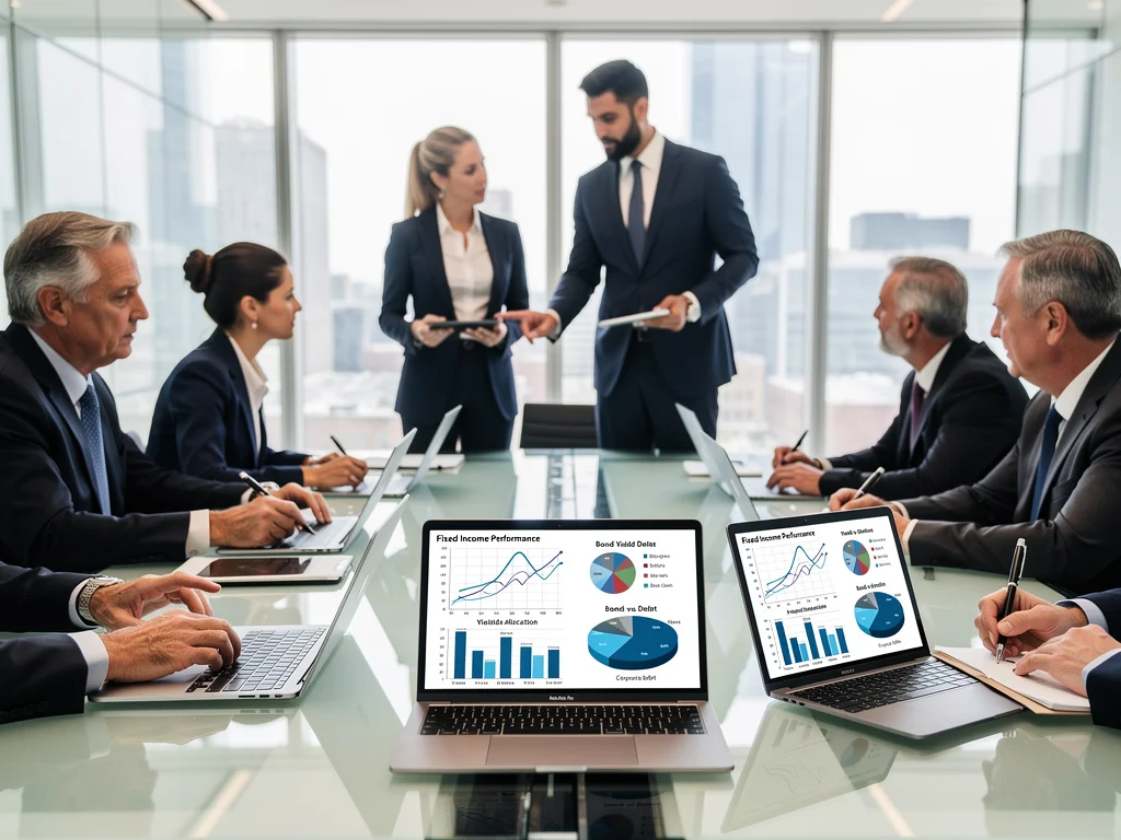 Investors analysing financial data for fixed-income portfolio adjustments.
