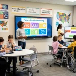 K-12 students and parents interacting in a modern classroom, reflecting new education policies.