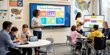 K-12 students and parents interacting in a modern classroom, reflecting new education policies.