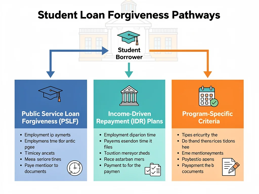 Infographic detailing various student loan forgiveness pathways including PSLF and IDR plans.