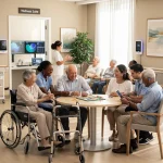 Long-Term Care Benefits 2026: Eligibility Requirements & Updates Seniors and caregivers in a modern long-term care facility, symbolising comprehensive support.