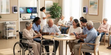 Seniors and caregivers in a modern long-term care facility, symbolising comprehensive support.