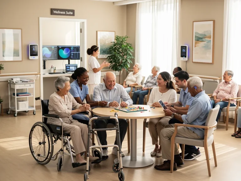 Seniors and caregivers in a modern long-term care facility, symbolising comprehensive support.