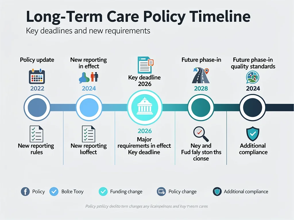 Infographic detailing long-term care policy changes and timelines for 2026.