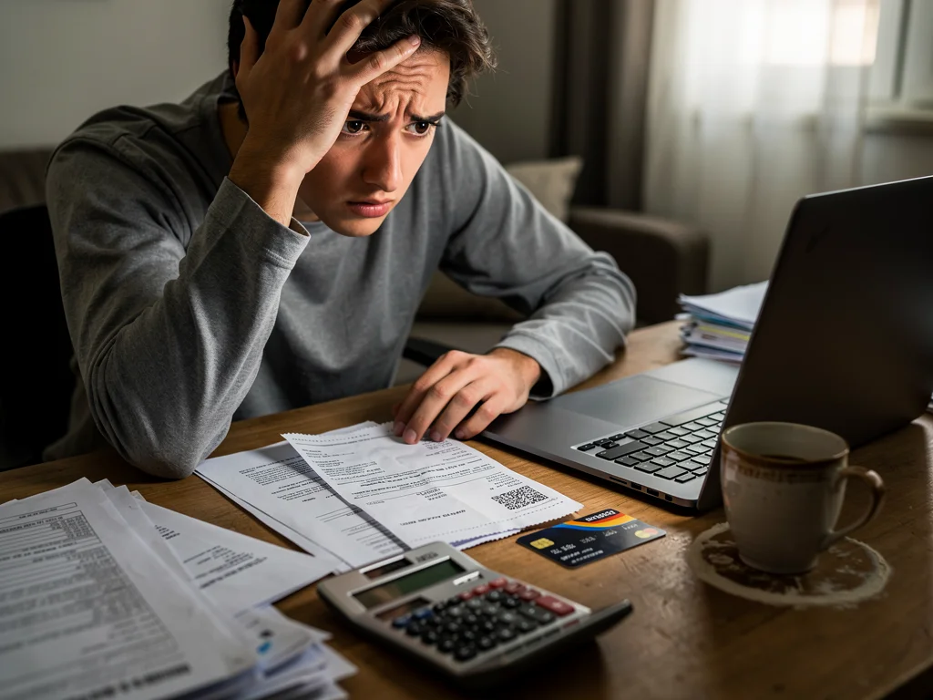 Stressed individual reviewing credit card statements and financial documents.