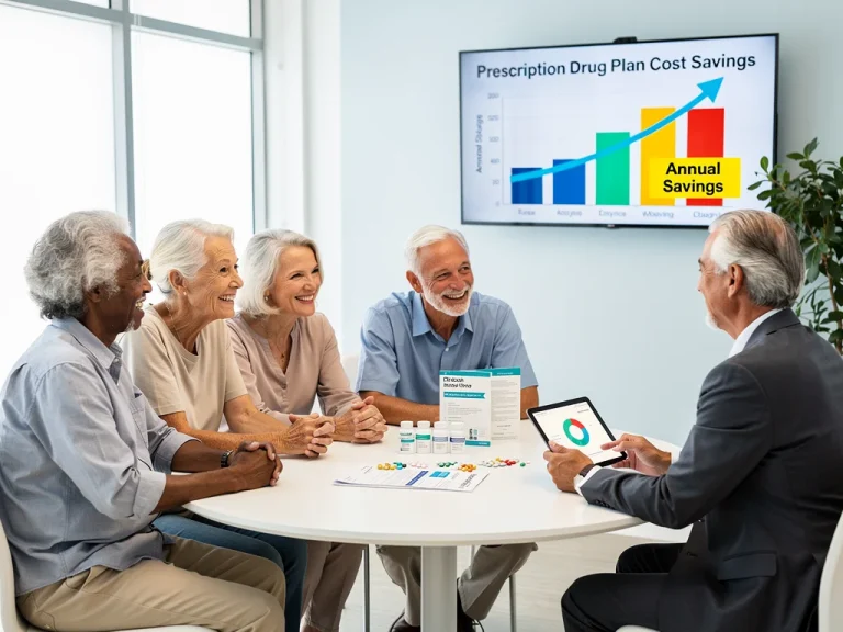 Seniors comparing Medicare Part D plans for 2026, highlighting potential prescription drug cost savings.