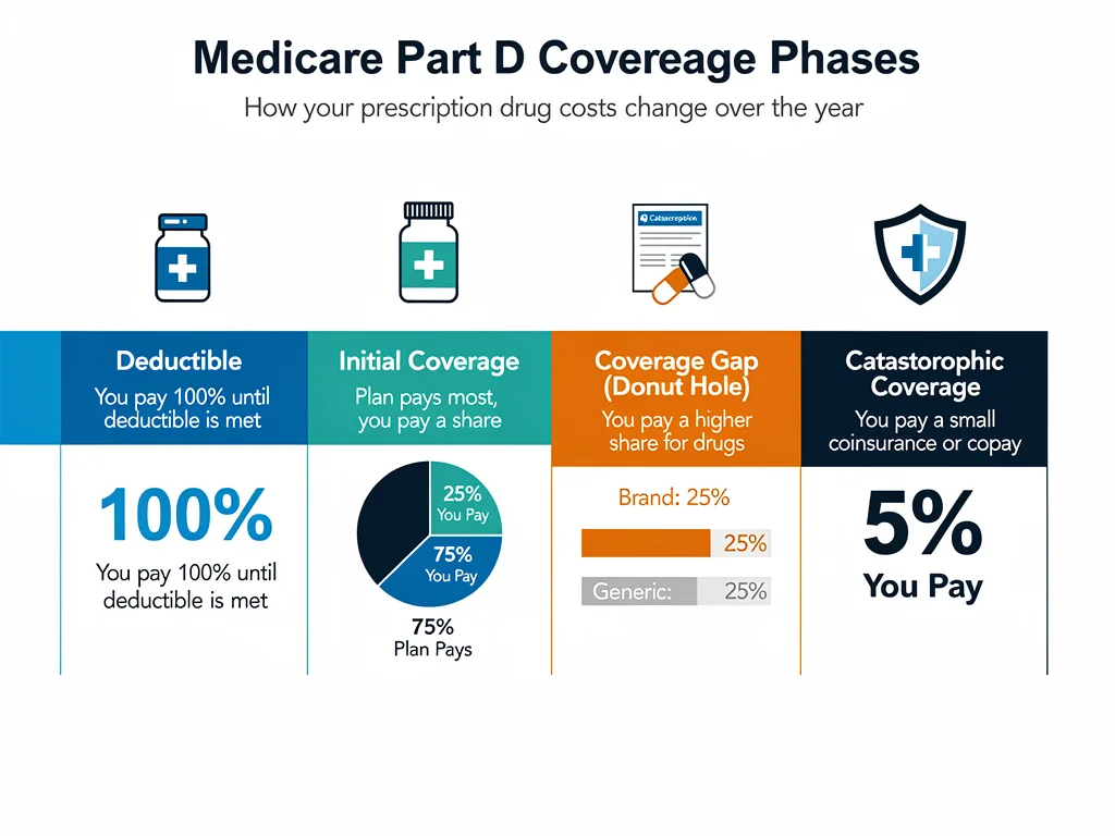 Infographic explaining the phases of Medicare Part D prescription drug coverage.