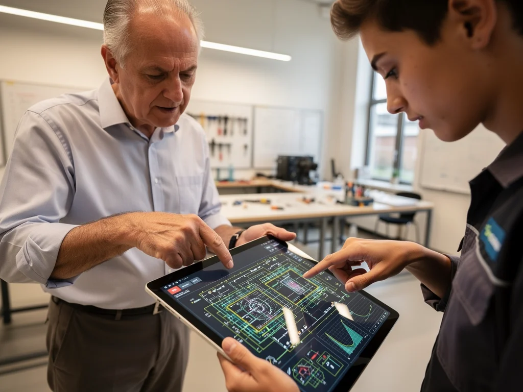 Mentor and apprentice discussing technical diagrams on a tablet, collaborative learning.