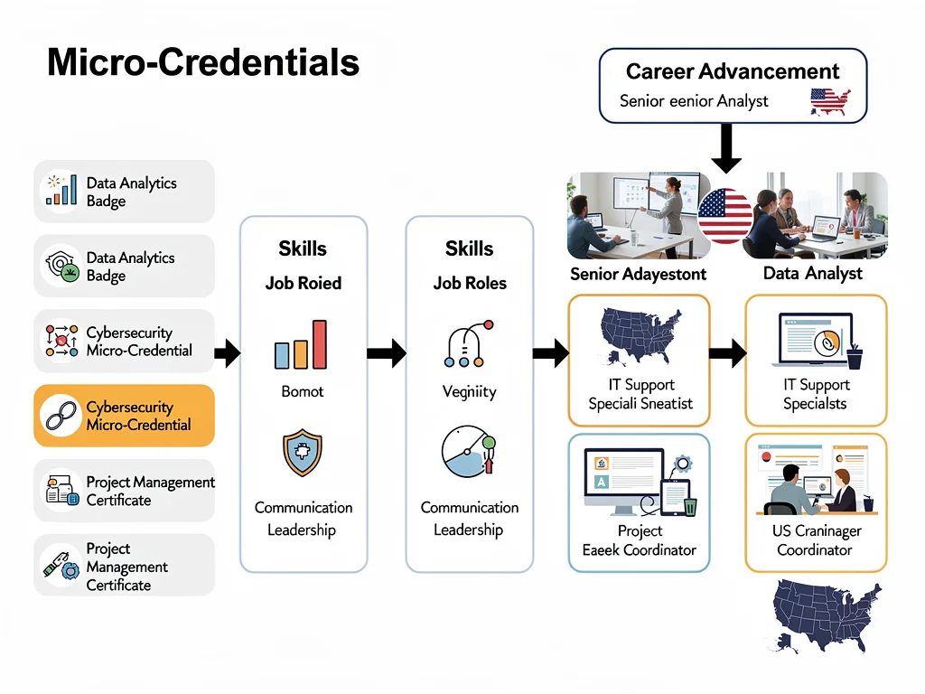 Infographic illustrating career pathways from micro-credentials to job roles and advancement.