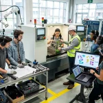 Young apprentices learning skilled trades in a modern US industrial setting, diverse group.