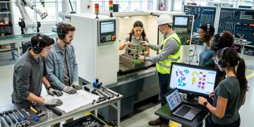 Young apprentices learning skilled trades in a modern US industrial setting, diverse group.
