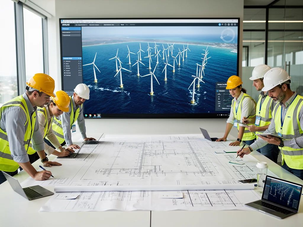 Engineers planning offshore wind farm project, demonstrating renewable innovation.