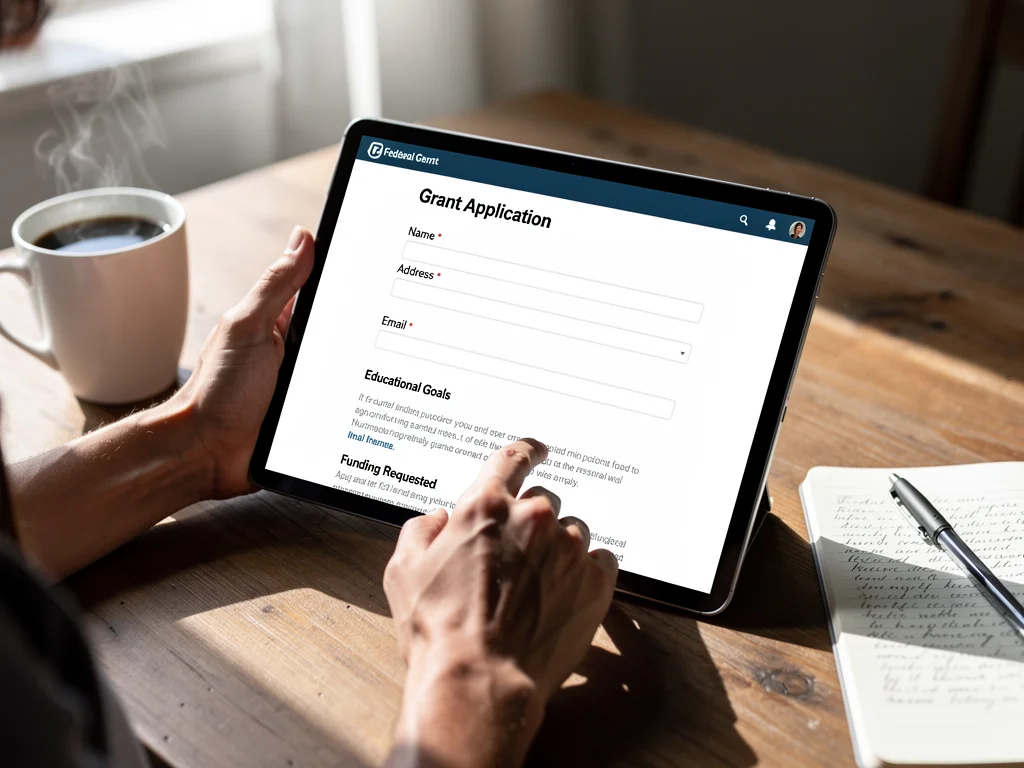 Hands completing an online federal grant application for adult learner retraining.