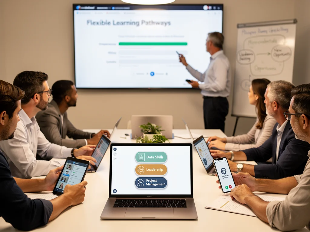 Professionals collaborating online, highlighting accessible micro-credential learning for upskilling.