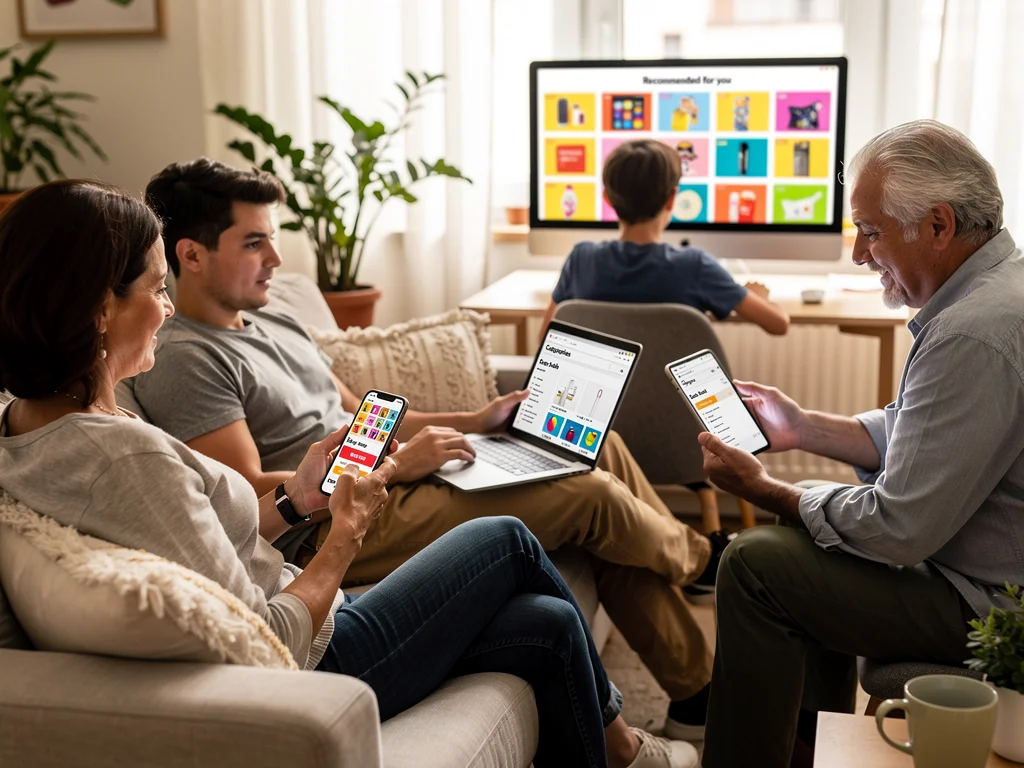Diverse consumers shopping online using multiple digital devices.