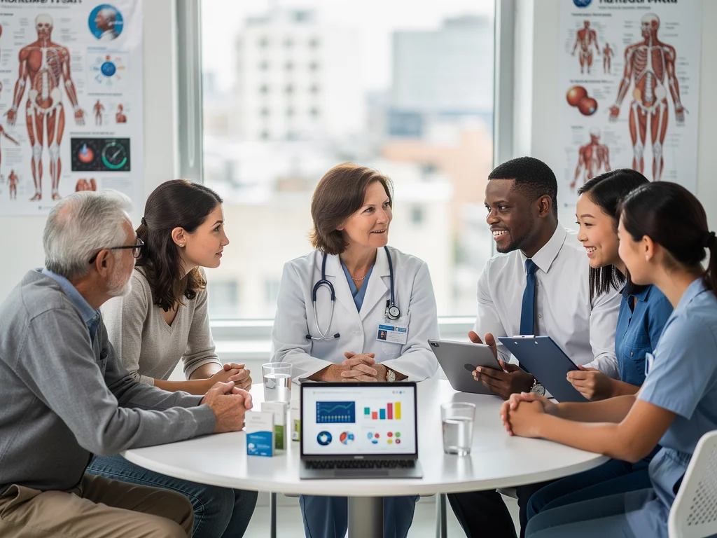 Patients and doctors discussing new breakthrough drug treatments