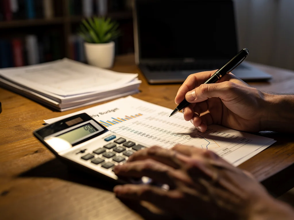 Hands calculating and reviewing personal financial statements, indicating budget planning.