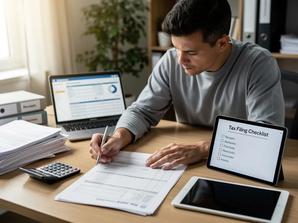 Individual carefully preparing 2026 tax return for EITC claim.
