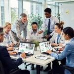 Professionals engaging with online learning platforms on devices in a modern office, symbolising career development.