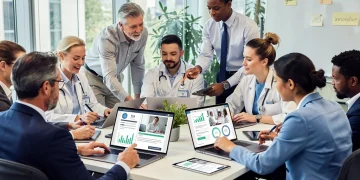 Professionals engaging with online learning platforms on devices in a modern office, symbolising career development.