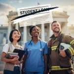 Public service professionals celebrating student loan debt elimination