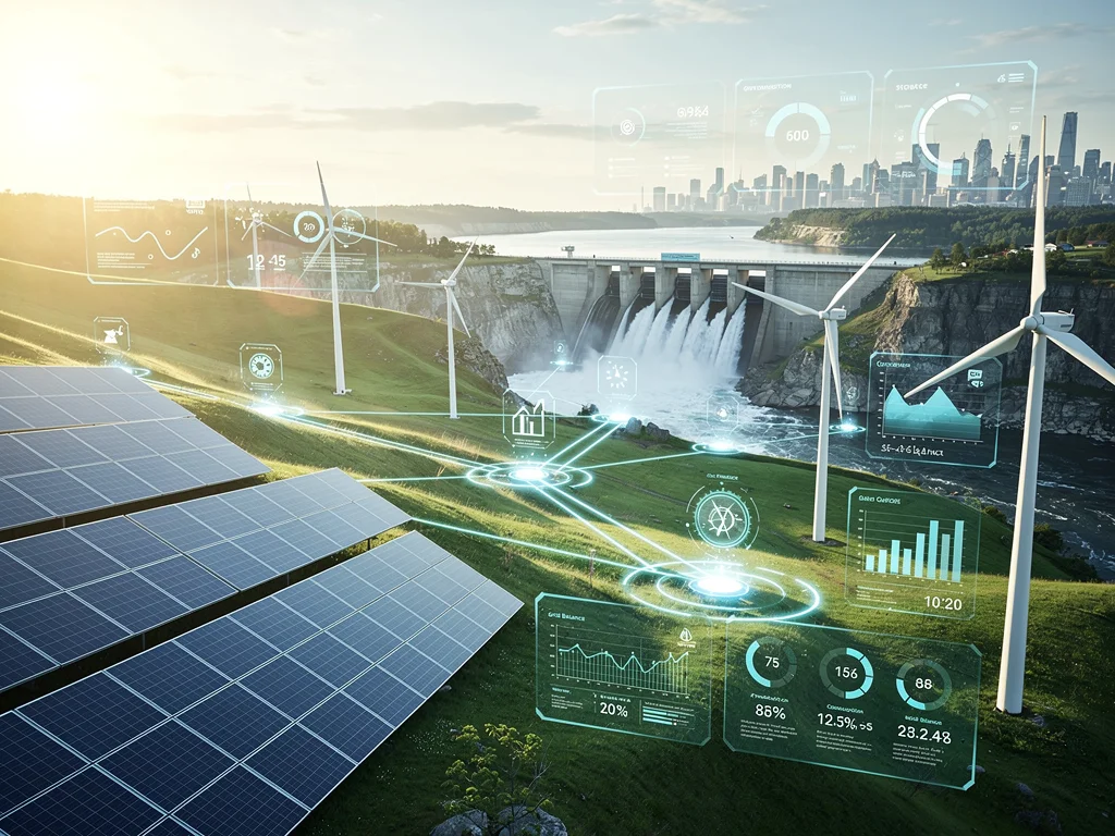 Renewable energy infrastructure with smart grid integration, symbolising sustainable investment.
