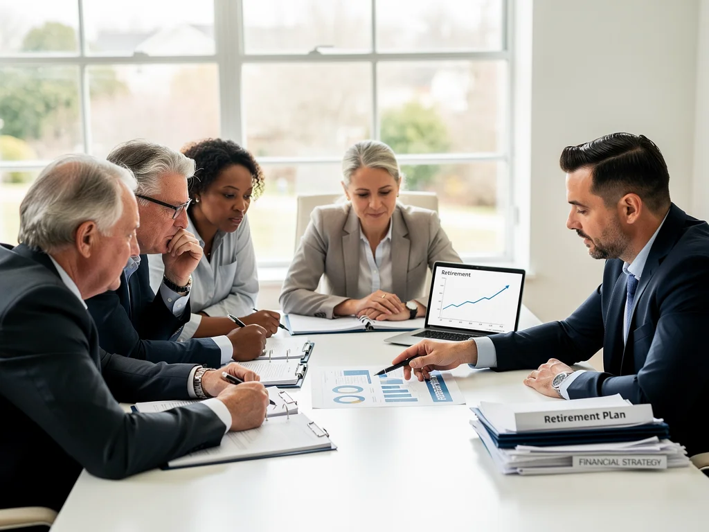Diverse group consulting a financial advisor about retirement and Social Security planning.