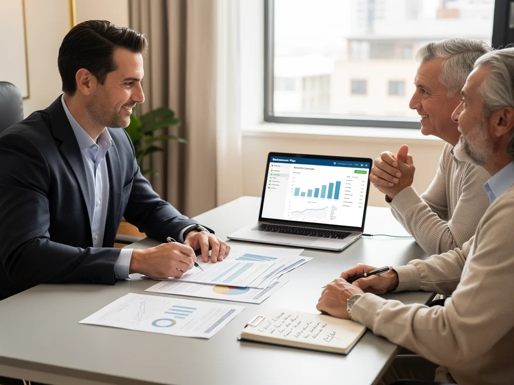Financial advisor discussing retirement planning with clients, focusing on benefit optimisation.