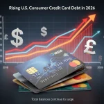 Illustration of rising US credit card debt with stacked cards and upward trending graph.