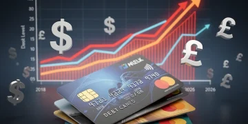 Illustration of rising US credit card debt with stacked cards and upward trending graph.