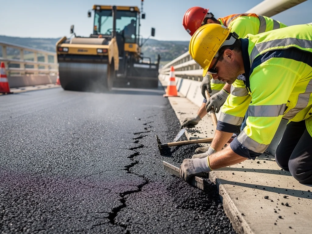 Construction workers repairing bridge asphalt with heavy machinery